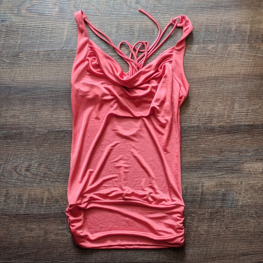 XXI Pink/Coral Tie Back Ruched Waist Tank Top S